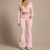 V-Neck Long Sleeve Top and Fold Over Flare Leggings Workout Yoga Set