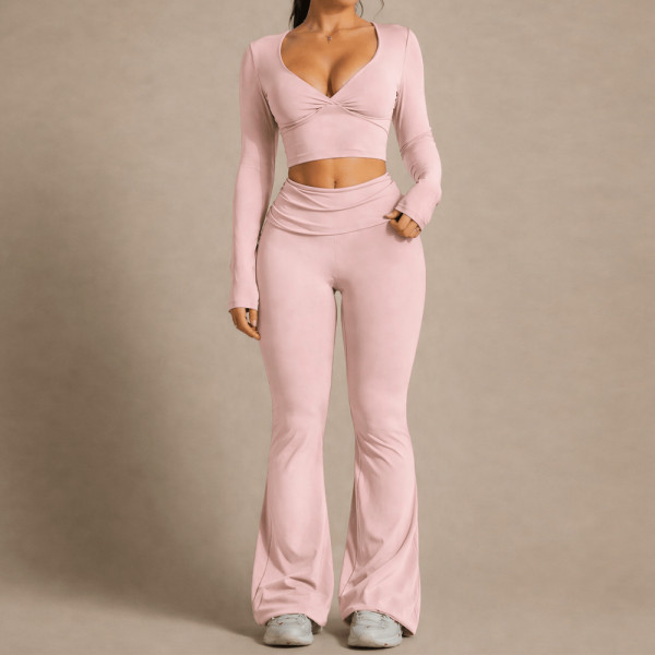 V-Neck Long Sleeve Top and Fold Over Flare Leggings Workout Yoga Set