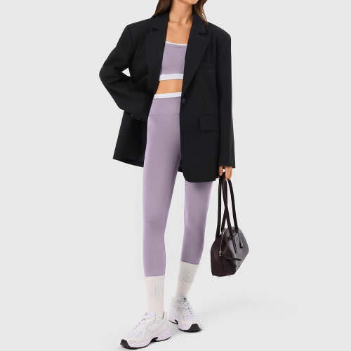 Color Block Double Layer Sports Bra and No Front Seam Yoga Leggings Workout Set