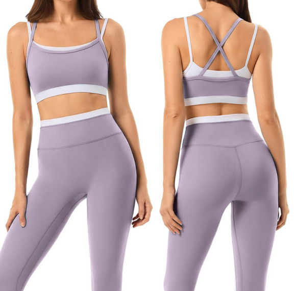 Color Block Double Layer Sports Bra and No Front Seam Yoga Leggings Workout Set