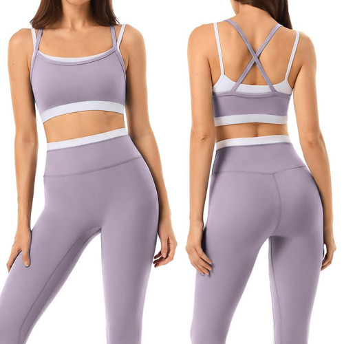 Color Block Double Layer Sports Bra and No Front Seam Yoga Leggings Workout Set