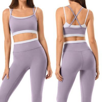 Color Block Double Layer Sports Bra and No Front Seam Yoga Leggings Workout Set