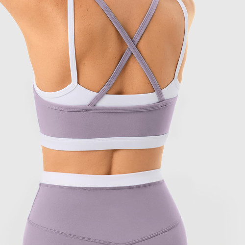 Color Block Double Layer Sports Bra and No Front Seam Yoga Leggings Workout Set