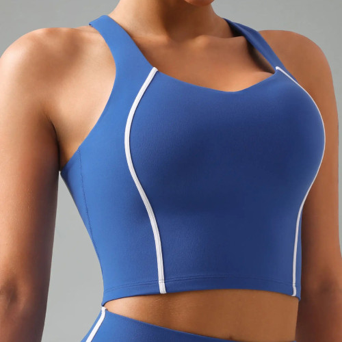 Contrast Piping Racerback Workout Crop Top With Built-In Bra