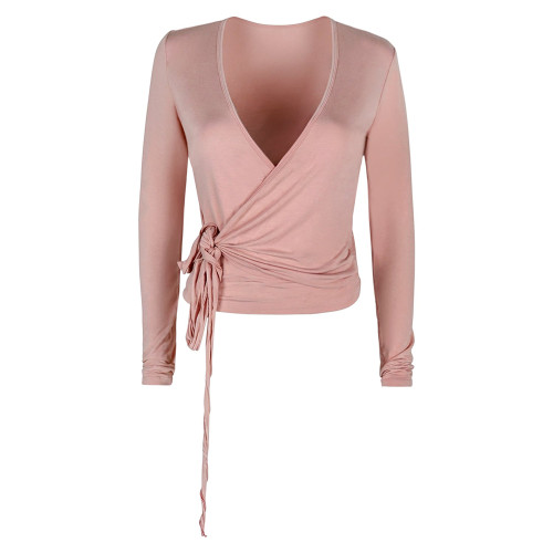 Womens Athletic Ballet Wrap Workout Yoga Shirt With Adjustable Side Ties