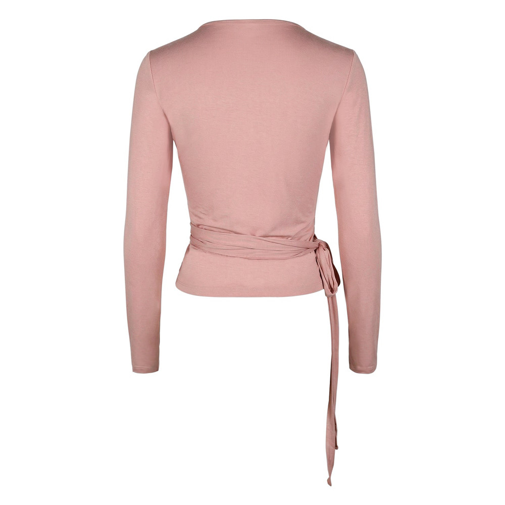 Rear flat-lay view of a pastel pink long sleeve wrap shirt showing the back construction and long waist ties.