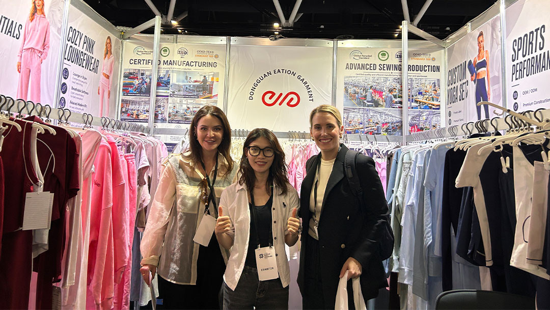 Call The STYLE team with Australian activewear clients at Dongguan Eation Garment booth