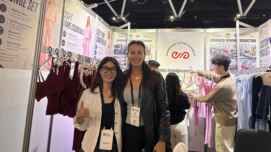 Australian brand owner securing custom yoga wear production at Sydney Expo