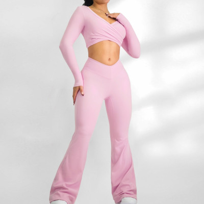 Womens Cross Front Long Sleeve Workout Set V Waistband Matching Yoga Set