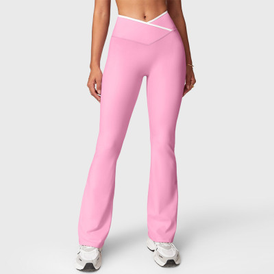 Womens Contrast Trim V Waistband Flare Yoga Pants No Front Seam Leggings
