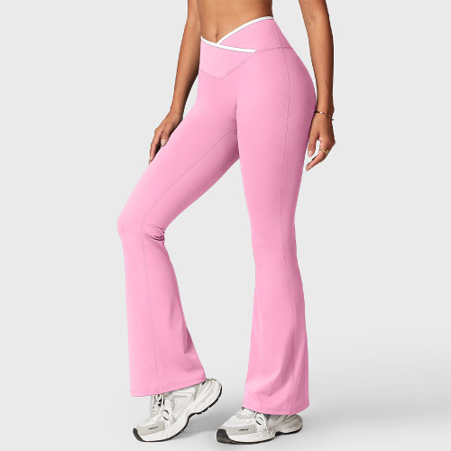 Womens Contrast Trim V Waistband Flare Yoga Pants No Front Seam Leggings
