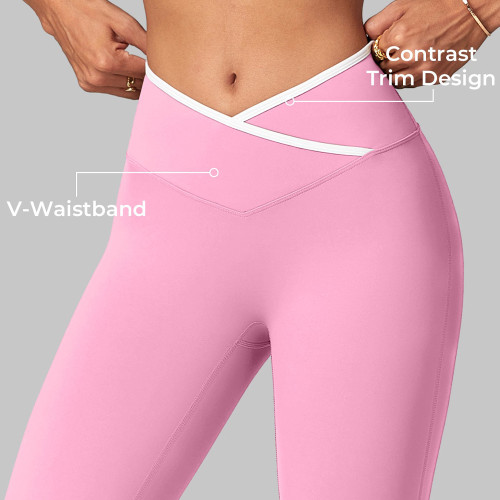 Womens Contrast Trim V Waistband Flare Yoga Pants No Front Seam Leggings