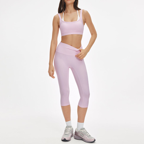 Womens Layered Sports Bra Workout Set High Waisted No Front Seam Yoga Set