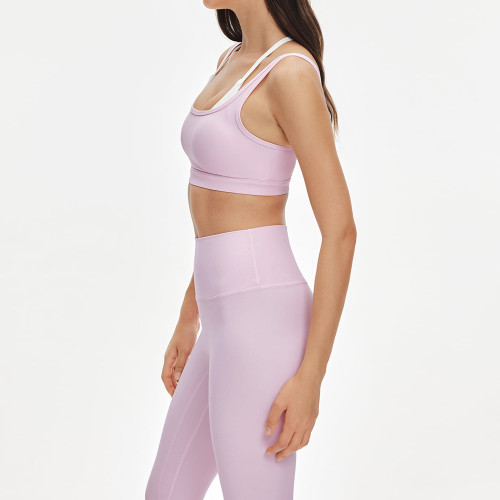 Womens Layered Sports Bra Workout Set High Waisted No Front Seam Yoga Set