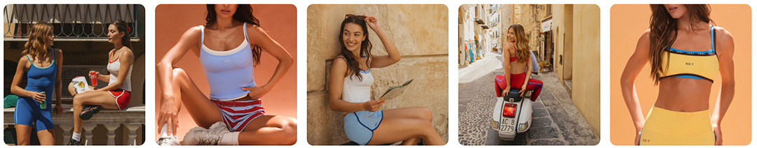 Models wearing retro-inspired matching activewear sets in outdoor lifestyle, travel, and social settings.