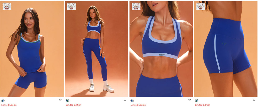 A limited edition blue matching activewear collection featuring a sports bra, tank top, biker shorts, and leggings with contrast side piping.