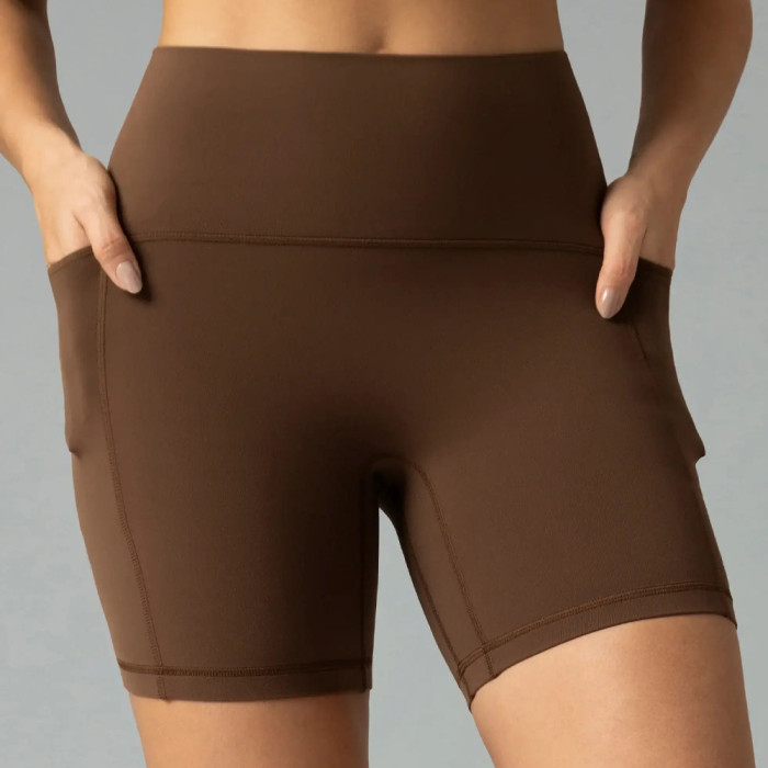 Womens High Waisted No Front Seam Biker Shorts Side Pocket Yoga Shorts