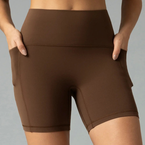 Womens High Waisted No Front Seam Biker Shorts Side Pocket Yoga Shorts