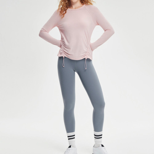 Womens UPF 50 Ruched Long Sleeve Gym Top Drawstring Activewear Shirt