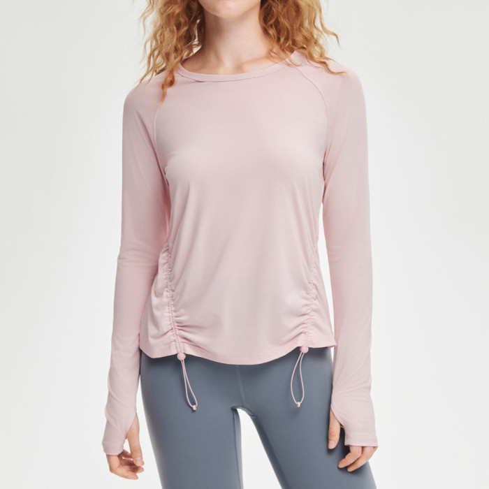 Womens UPF 50 Ruched Long Sleeve Gym Top Drawstring Activewear Shirt