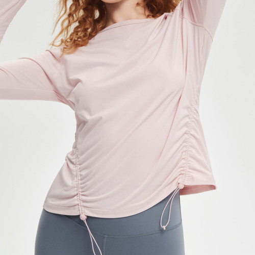 Womens UPF 50 Ruched Long Sleeve Gym Top Drawstring Activewear Shirt