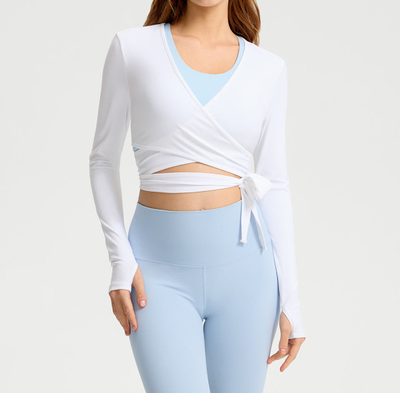 Womens Ballet Wrap Top Long Sleeve Criss Cross Activewear Yoga Shirt