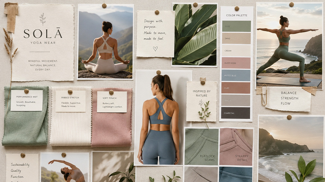 A fashion design mood board with fabric swatches, color palettes, and inspirational images
