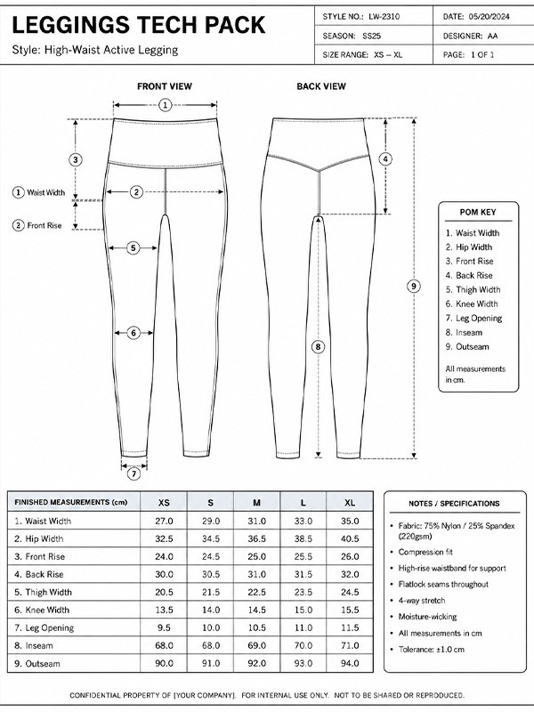 Example of a leggings tech pack page