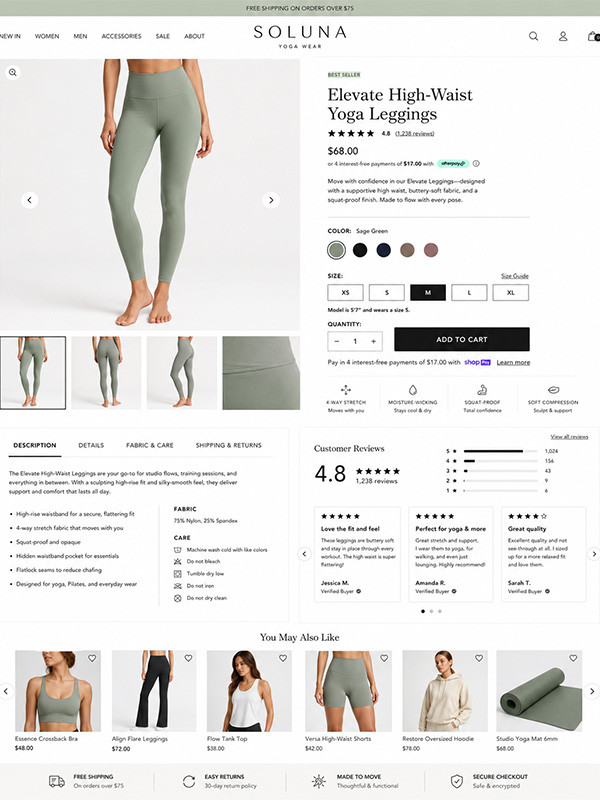 A clean and modern Shopify product page for a pair of yoga leggings