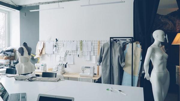 Fashion design studio with sewing materials and fabric swatches