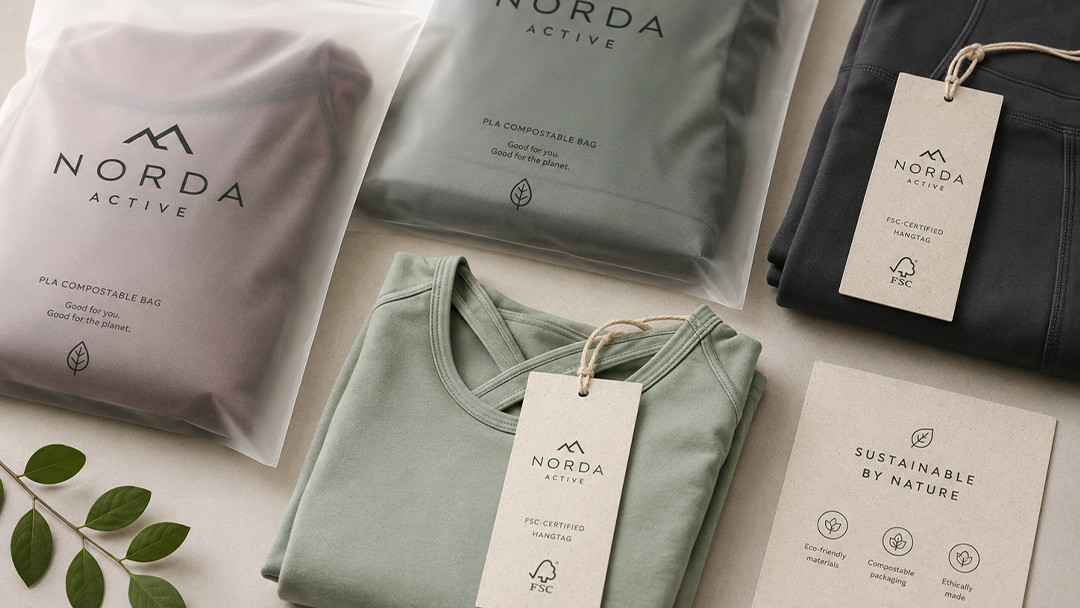 Sustainable activewear folded inside frosted PLA compostable shipping bags with FSC-certified paper hangtags.