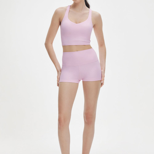 Womens Cross Back Ruched Built In Bra Cropped Yoga Tank Top Activewear Set
