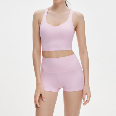 Womens Cross Back Ruched Built In Bra Cropped Yoga Tank Top Activewear Set