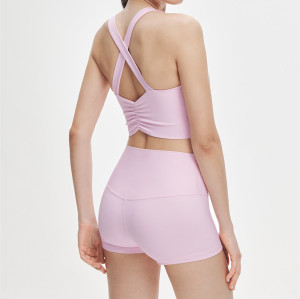 Womens Cross Back Ruched Built In Bra Cropped Yoga Tank Top Activewear Set