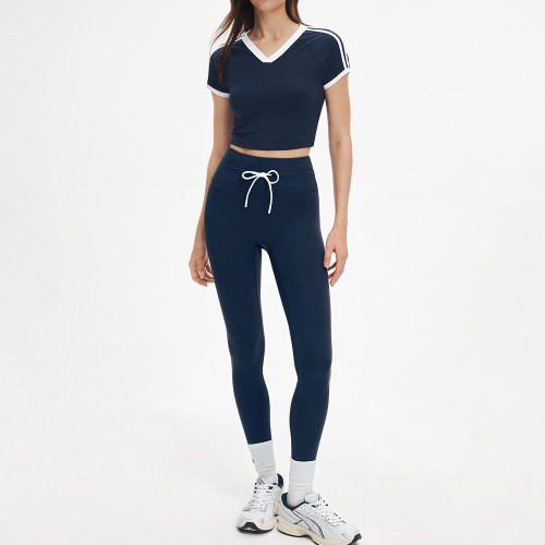 Color Block V Neck Raglan Two Piece Activewear Set Drawstring Leggings
