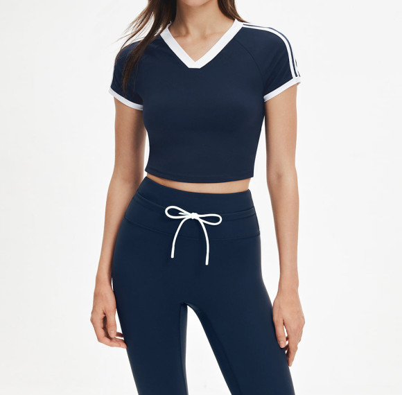 Color Block V Neck Raglan Two Piece Activewear Set Drawstring Leggings