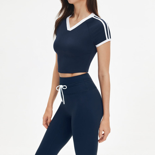 Color Block V Neck Raglan Two Piece Activewear Set Drawstring Leggings