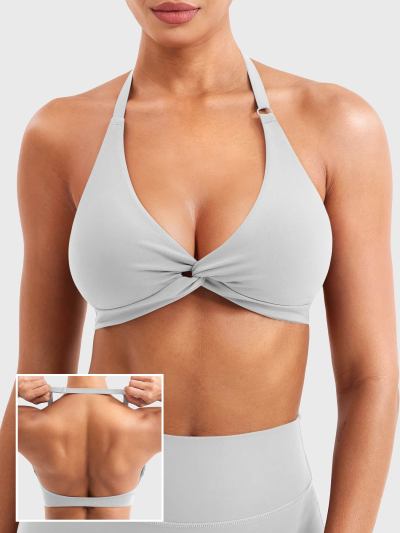 Womens Bandeau Strappy Sports Bra With Color Block V Back Workout Crop Tops