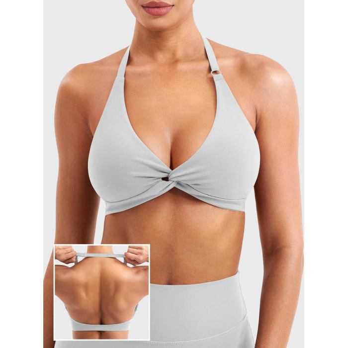 Womens Bandeau Strappy Sports Bra With Color Block V Back Workout Crop Tops