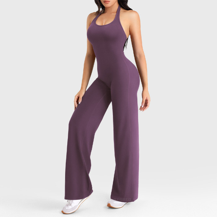 Womens Contrast Trim Activewear Bodysuit Open Back Matching Yoga Jumpsuit