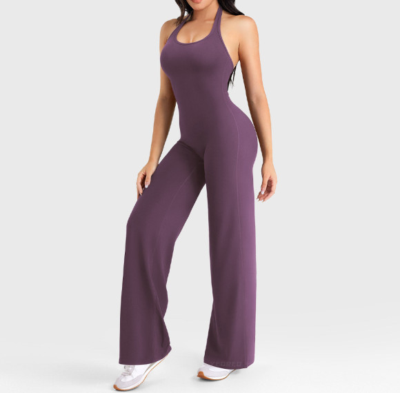Womens Contrast Trim Activewear Bodysuit Open Back Matching Yoga Jumpsuit