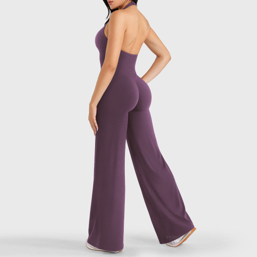 Womens Contrast Trim Activewear Bodysuit Open Back Matching Yoga Jumpsuit