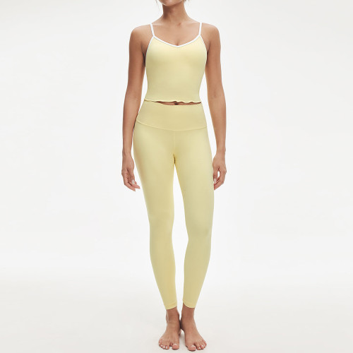 Custom Contrast V Neck Scalloped Hem Yoga Tank and Leggings Set Manufacturer