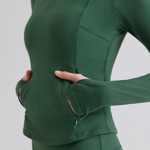 Stand Collar 1/4 Zip Thumbhole Long Sleeve Yoga Top with Side Zip Pocket — Private Label Activewear Manufacturer