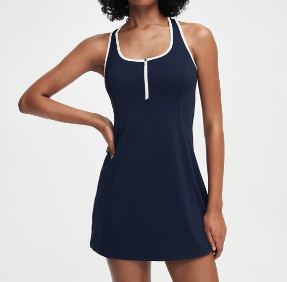 Half Zip Contrast Binding Racerback Tennis Dress with Built In Shorts — Custom Tennis Dress Factory
