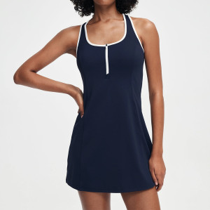 Half Zip Contrast Binding Racerback Tennis Dress with Built In Shorts — Custom Tennis Dress Factory