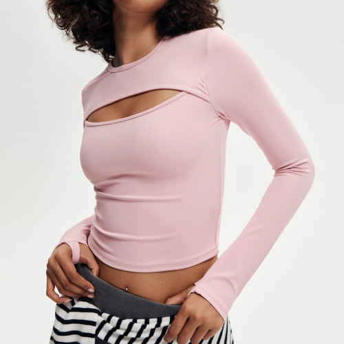 Asymmetric Chest Cutout Thumbhole Cropped Long Sleeve Yoga Top — OEM Sports T-Shirt Supplier