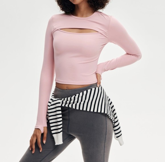 Asymmetric Chest Cutout Thumbhole Cropped Long Sleeve Yoga Top — OEM Sports T-Shirt Supplier