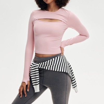 Asymmetric Chest Cutout Thumbhole Cropped Long Sleeve Yoga Top — OEM Sports T-Shirt Supplier