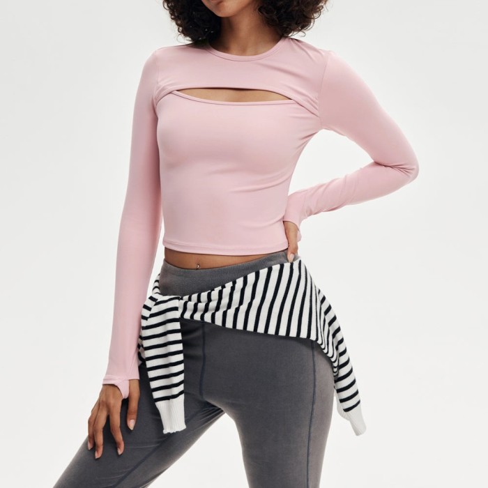 Asymmetric Chest Cutout Thumbhole Cropped Long Sleeve Yoga Top — OEM Sports T-Shirt Supplier